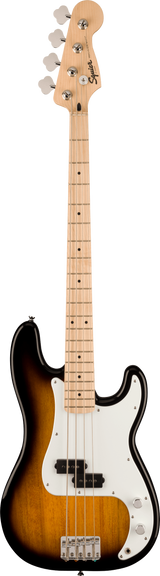 The image shows a Squier 4-string electric bass guitar with a classic Precision Bass-style sunburst body. It features a light maple neck with fret markers, a white pickguard, chrome hardware, and a split-coil P-bass pickup. The headstock displays the Squier logo and chrome tuning pegs. This entry-level instrument combines traditional styling and reliable features, suitable for beginners and versatile across various music genres.