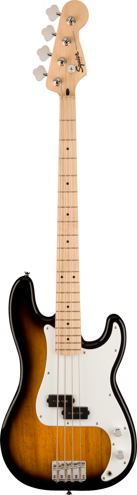 The image shows a Squier 4-string electric bass guitar with a classic Precision Bass-style sunburst body. It features a light maple neck with fret markers, a white pickguard, chrome hardware, and a split-coil P-bass pickup. The headstock displays the Squier logo and chrome tuning pegs. This entry-level instrument combines traditional styling and reliable features, suitable for beginners and versatile across various music genres.