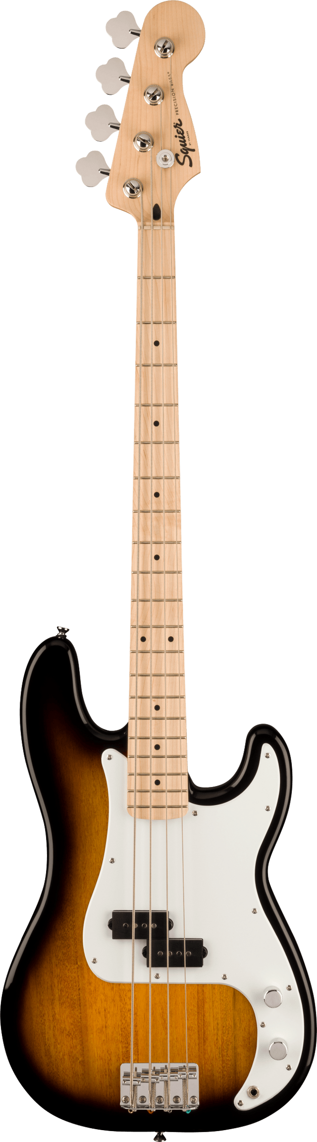 The image shows a Squier 4-string electric bass guitar with a classic Precision Bass-style sunburst body. It features a light maple neck with fret markers, a white pickguard, chrome hardware, and a split-coil P-bass pickup. The headstock displays the Squier logo and chrome tuning pegs. This entry-level instrument combines traditional styling and reliable features, suitable for beginners and versatile across various music genres.