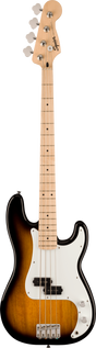 The image shows a Squier 4-string electric bass guitar with a classic Precision Bass-style sunburst body. It features a light maple neck with fret markers, a white pickguard, chrome hardware, and a split-coil P-bass pickup. The headstock displays the Squier logo and chrome tuning pegs. This entry-level instrument combines traditional styling and reliable features, suitable for beginners and versatile across various music genres.