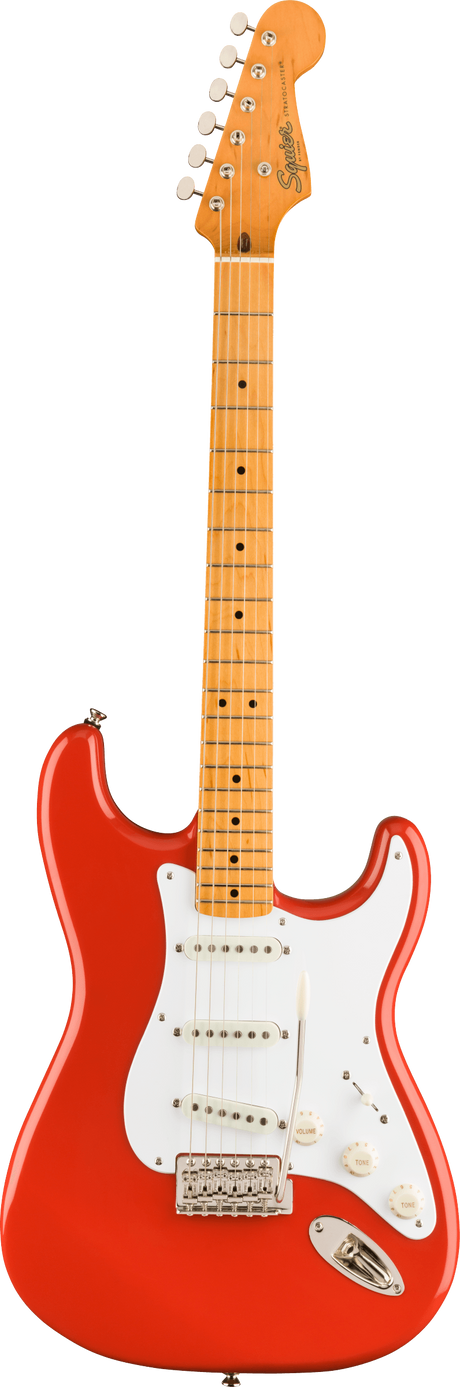 The image shows a Squier Stratocaster-style electric guitar with a bright red/orange body and white pickguard. It has a maple neck with dot fret markers and six tuning pegs. The headstock features the Squier logo. The guitar includes three single-coil pickups, volume and tone controls, a pickup selector switch, and a tremolo bridge. This model offers classic Stratocaster design and sound at an affordable price.