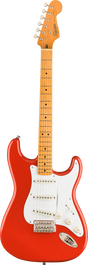 The image shows a Squier Stratocaster-style electric guitar with a bright red/orange body and white pickguard. It has a maple neck with dot fret markers and six tuning pegs. The headstock features the Squier logo. The guitar includes three single-coil pickups, volume and tone controls, a pickup selector switch, and a tremolo bridge. This model offers classic Stratocaster design and sound at an affordable price.