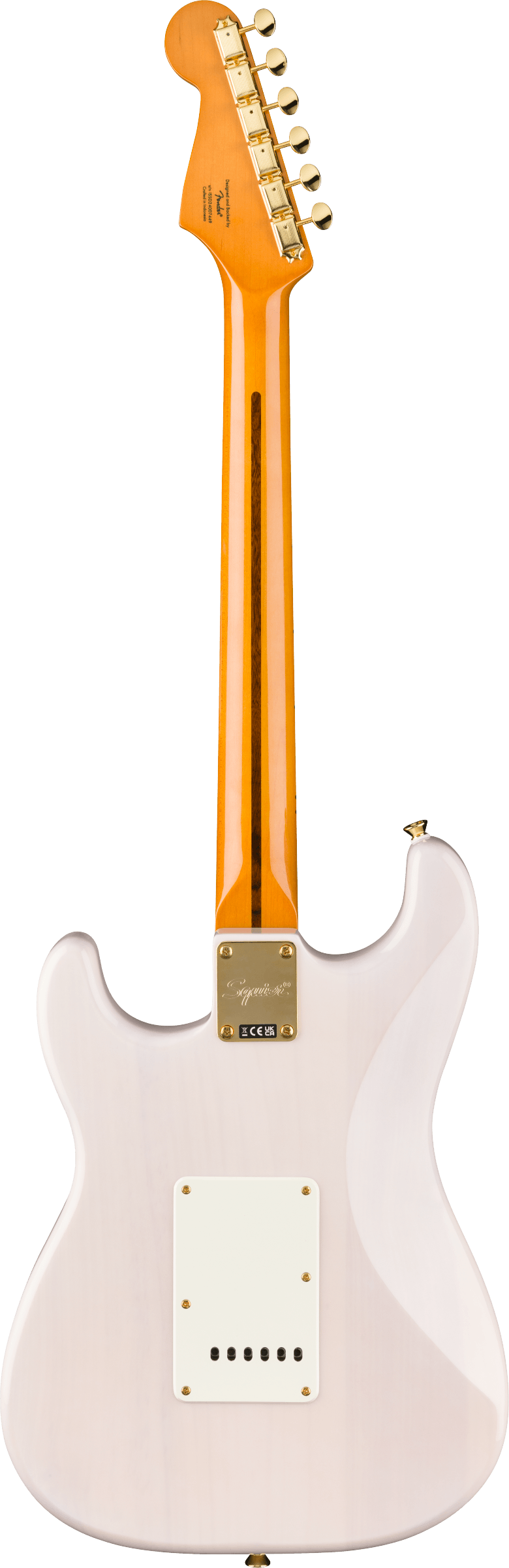 The image shows the back of a Fender Stratocaster-style electric guitar with a glossy light pink body and classic contoured shape. It has a maple neck with an amber tint, gold tuning pegs on the distinctive Fender headstock, and a neck plate with manufacturer markings. The clean, minimalist back reflects a high-quality finish, combining vintage-inspired aesthetics with a timeless, versatile design.
