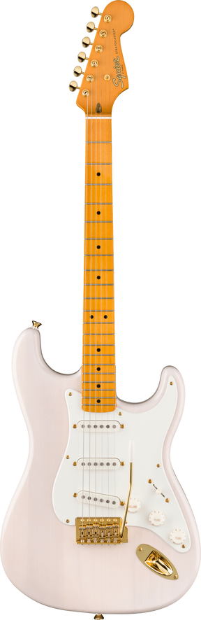 The image shows a Squier Stratocaster-style electric guitar with a light pink body and white pickguard. It features gold hardware, three single-coil pickups, standard controls, and a tremolo bridge. The maple neck has dot inlays, a natural finish, and six tuning pegs. The headstock displays the Squier logo. This higher-end Squier model combines vintage-inspired pink and gold aesthetics with Fender-style playability.