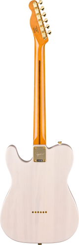 The image shows the back of a Telecaster-style electric guitar with a glossy light pink body and single cutaway. It features a bright amber maple neck with six gold tuning pegs and a classic Telecaster headstock. Gold hardware includes a neck plate with a logo and six string ferrules on the body’s rear, creating a vintage-inspired look with its pink, amber, and gold color combination.