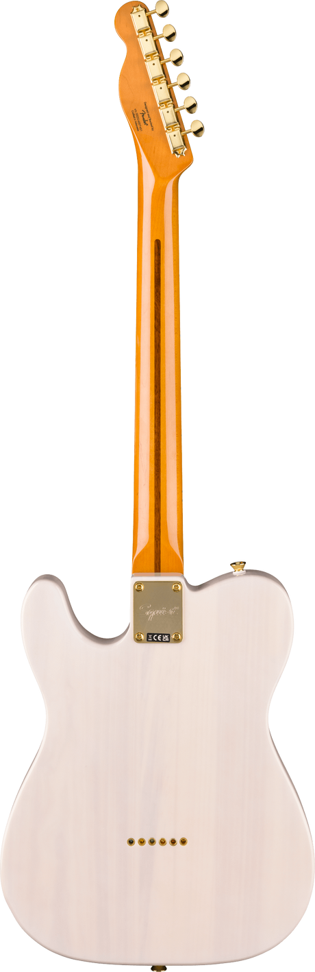 The image shows the back of a Telecaster-style electric guitar with a glossy light pink body and single cutaway. It features a bright amber maple neck with six gold tuning pegs and a classic Telecaster headstock. Gold hardware includes a neck plate with a logo and six string ferrules on the body’s rear, creating a vintage-inspired look with its pink, amber, and gold color combination.