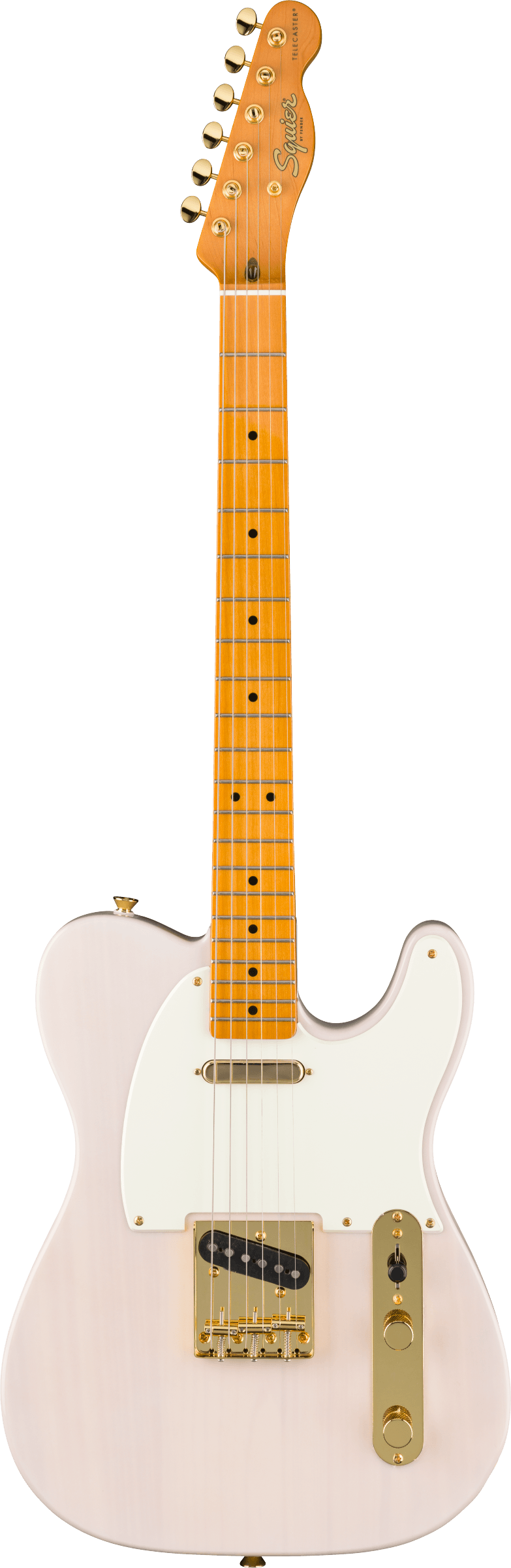 The image shows a Squier Telecaster-style electric guitar with a light pink solid body and white pickguard. It features a maple neck with dot fret markers, a Squier-branded headstock, and six chrome tuning pegs. The guitar has two pickups—a neck single-coil and a Telecaster-style bridge pickup—with gold hardware including the control plate and bridge. This model offers classic Fender design at an affordable price.