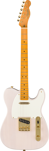The image shows a Squier Telecaster-style electric guitar with a light pink solid body and white pickguard. It features a maple neck with dot fret markers, a Squier-branded headstock, and six chrome tuning pegs. The guitar has two pickups—a neck single-coil and a Telecaster-style bridge pickup—with gold hardware including the control plate and bridge. This model offers classic Fender design at an affordable price.