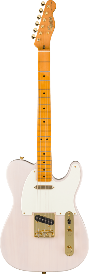 The image shows a Squier Telecaster-style electric guitar with a light pink solid body and white pickguard. It features a maple neck with dot fret markers, a Squier-branded headstock, and six chrome tuning pegs. The guitar has two pickups—a neck single-coil and a Telecaster-style bridge pickup—with gold hardware including the control plate and bridge. This model offers classic Fender design at an affordable price.