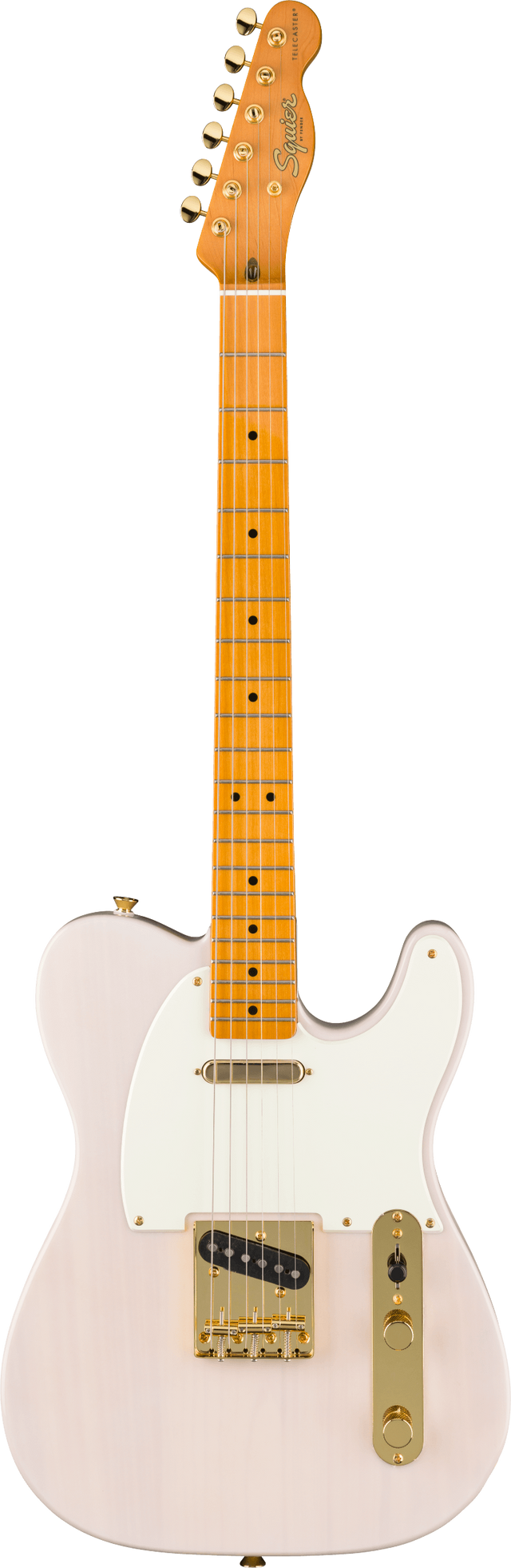 The image shows a Squier Telecaster-style electric guitar with a light pink solid body and white pickguard. It features a maple neck with dot fret markers, a Squier-branded headstock, and six chrome tuning pegs. The guitar has two pickups—a neck single-coil and a Telecaster-style bridge pickup—with gold hardware including the control plate and bridge. This model offers classic Fender design at an affordable price.