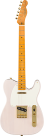 The image shows a Squier Telecaster-style electric guitar with a light pink solid body and white pickguard. It features a maple neck with dot fret markers, a Squier-branded headstock, and six chrome tuning pegs. The guitar has two pickups—a neck single-coil and a Telecaster-style bridge pickup—with gold hardware including the control plate and bridge. This model offers classic Fender design at an affordable price.