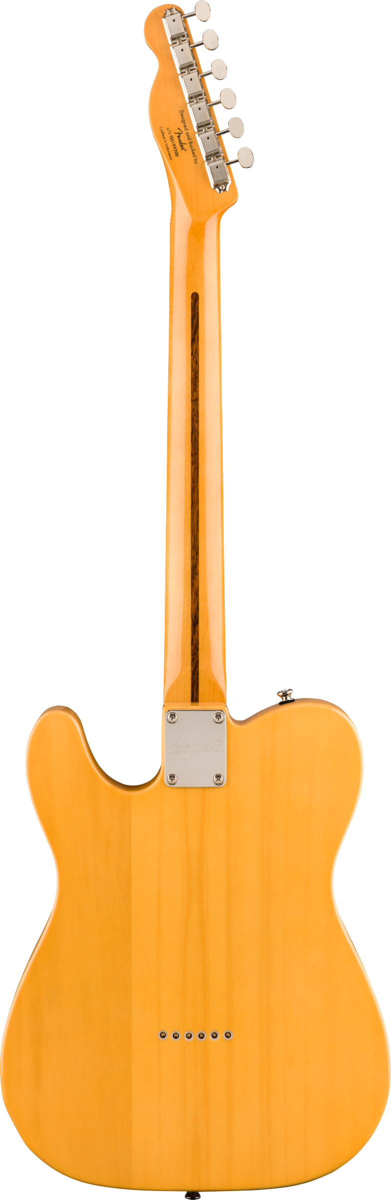 The image shows the back of a bright butterscotch blond colored Telecaster-style electric guitar with a solid body and glossy finish. It features a bolt-on maple neck with a metal neck plate, chrome tuning pegs, and string ferrules for through-body string mounting. The design reflects classic craftsmanship common in versatile guitars used across genres like country, blues, rock, and pop.