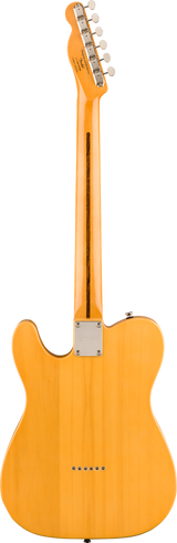 The image shows the back of a bright butterscotch blond colored Telecaster-style electric guitar with a solid body and glossy finish. It features a bolt-on maple neck with a metal neck plate, chrome tuning pegs, and string ferrules for through-body string mounting. The design reflects classic craftsmanship common in versatile guitars used across genres like country, blues, rock, and pop.