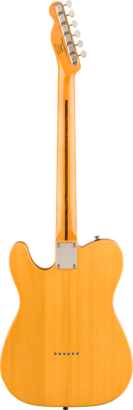 The image shows the back of a bright butterscotch blond colored Telecaster-style electric guitar with a solid body and glossy finish. It features a bolt-on maple neck with a metal neck plate, chrome tuning pegs, and string ferrules for through-body string mounting. The design reflects classic craftsmanship common in versatile guitars used across genres like country, blues, rock, and pop.