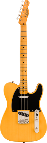 The image shows a Squier Telecaster electric guitar with a bright butterscotch blond finish and a maple neck. It features a classic single-cutaway body, chrome tuning pegs, black pickguard, two single-coil pickups, a three-way selector switch, volume and tone knobs, and a chrome bridge. The maple fretboard has black dot markers. The "Squier" logo is visible on the headstock, highlighting its Fender-affiliated, affordable design.