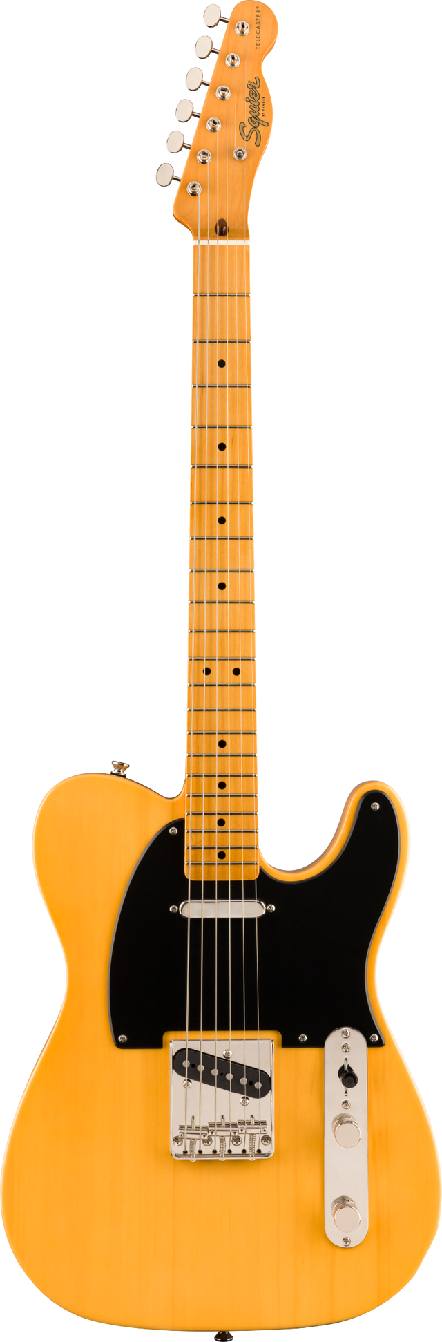 The image shows a Squier Telecaster electric guitar with a bright butterscotch blond finish and a maple neck. It features a classic single-cutaway body, chrome tuning pegs, black pickguard, two single-coil pickups, a three-way selector switch, volume and tone knobs, and a chrome bridge. The maple fretboard has black dot markers. The "Squier" logo is visible on the headstock, highlighting its Fender-affiliated, affordable design.