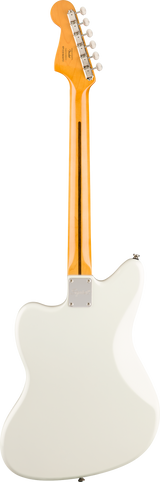 The image shows the back of a cream-colored, Fender-style electric guitar with a classic offset body shape. It features a golden maple neck and matching headstock with six chrome tuning pegs in a 6-in-line layout. The guitar has a bolt-on neck secured by a rectangular metal plate and chrome hardware throughout, highlighting a vintage-inspired yet timeless aesthetic.