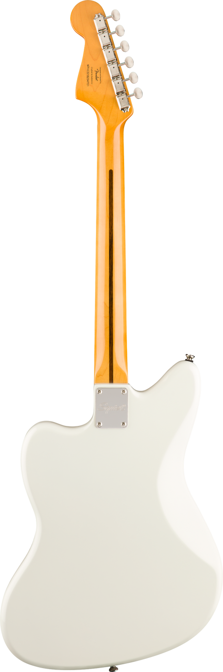 The image shows the back of a cream-colored, Fender-style electric guitar with a classic offset body shape. It features a golden maple neck and matching headstock with six chrome tuning pegs in a 6-in-line layout. The guitar has a bolt-on neck secured by a rectangular metal plate and chrome hardware throughout, highlighting a vintage-inspired yet timeless aesthetic.