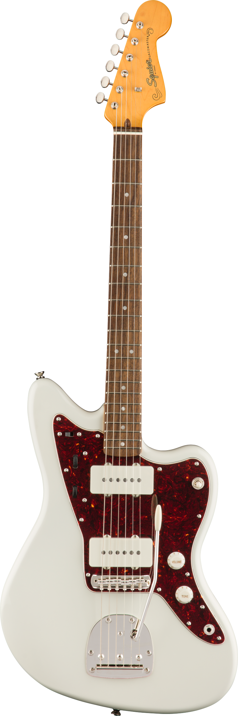 The image shows a Squier Jazzmaster-style electric guitar with a white/cream solid offset body and glossy finish. It features a red tortoiseshell pickguard, two single-coil pickups, chrome hardware, multiple control knobs, and a chrome bridge. The maple neck has a rosewood or pau ferro fretboard with pearl dot inlays, and a natural maple headstock with a 6-in-line tuning peg layout and visible Squier logo.