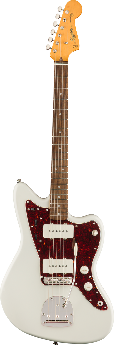 The image shows a Squier Jazzmaster-style electric guitar with a white/cream solid offset body and glossy finish. It features a red tortoiseshell pickguard, two single-coil pickups, chrome hardware, multiple control knobs, and a chrome bridge. The maple neck has a rosewood or pau ferro fretboard with pearl dot inlays, and a natural maple headstock with a 6-in-line tuning peg layout and visible Squier logo.