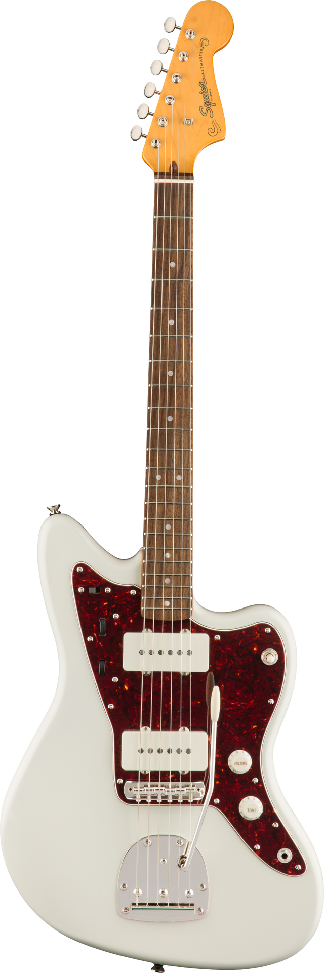 The image shows a Squier Jazzmaster-style electric guitar with a white/cream solid offset body and glossy finish. It features a red tortoiseshell pickguard, two single-coil pickups, chrome hardware, multiple control knobs, and a chrome bridge. The maple neck has a rosewood or pau ferro fretboard with pearl dot inlays, and a natural maple headstock with a 6-in-line tuning peg layout and visible Squier logo.