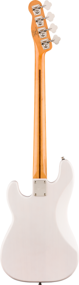 The image shows the back of a 4-string electric bass guitar with a white body and an orange-amber neck and headstock. The headstock features four chrome tuning pegs with white buttons. The glossy neck displays natural wood grain, connecting to the body with a metal neck plate. The solid-body design has smooth curves, resembling classic Fender-style basses, with a striking two-tone color scheme.