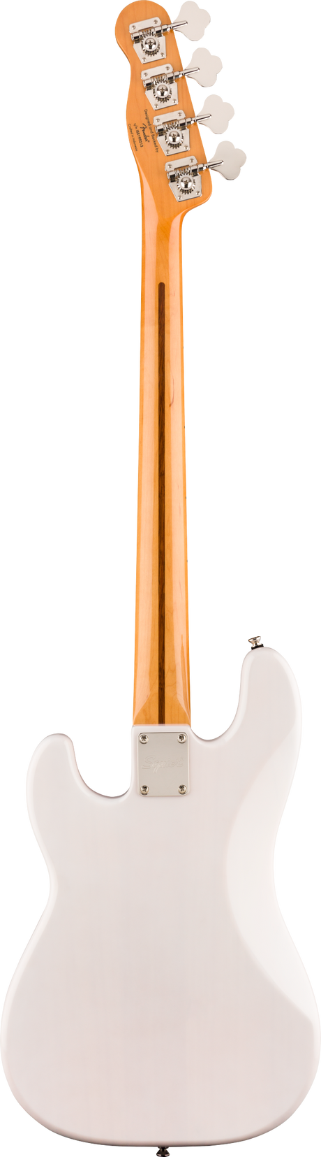 The image shows the back of a 4-string electric bass guitar with a white body and an orange-amber neck and headstock. The headstock features four chrome tuning pegs with white buttons. The glossy neck displays natural wood grain, connecting to the body with a metal neck plate. The solid-body design has smooth curves, resembling classic Fender-style basses, with a striking two-tone color scheme.