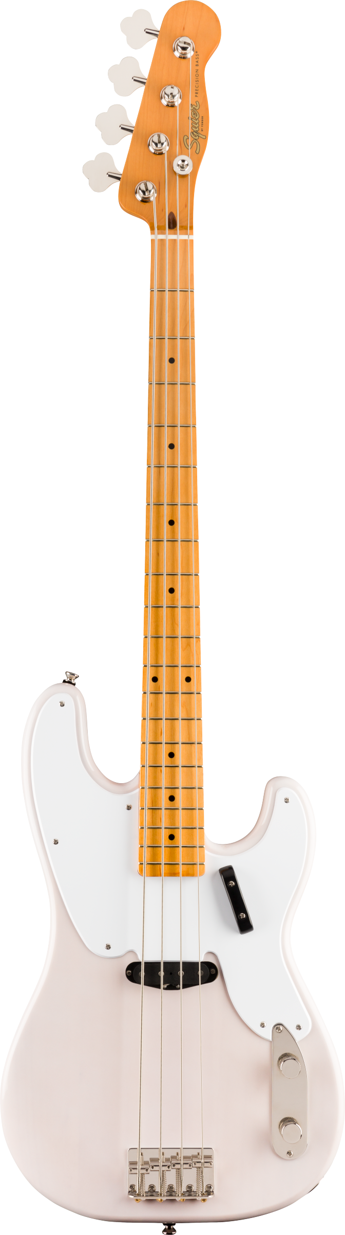 The image shows a white/cream Fender-style electric bass guitar, likely a Squier Precision or Jazz model. It features a glossy offset body, maple neck and fretboard, chrome hardware, and four tuning pegs with white keys. The bass has a split-coil pickup, control knobs, a standard four-string bridge, and dot position markers on the fretted neck. The clean design suits beginners and experienced players alike.