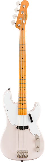 The image shows a white/cream Fender-style electric bass guitar, likely a Squier Precision or Jazz model. It features a glossy offset body, maple neck and fretboard, chrome hardware, and four tuning pegs with white keys. The bass has a split-coil pickup, control knobs, a standard four-string bridge, and dot position markers on the fretted neck. The clean design suits beginners and experienced players alike.