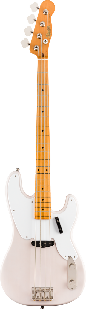 The image shows a white/cream Fender-style electric bass guitar, likely a Squier Precision or Jazz model. It features a glossy offset body, maple neck and fretboard, chrome hardware, and four tuning pegs with white keys. The bass has a split-coil pickup, control knobs, a standard four-string bridge, and dot position markers on the fretted neck. The clean design suits beginners and experienced players alike.