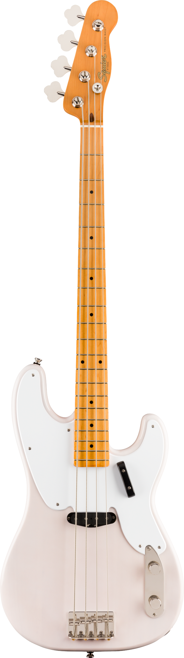 The image shows a white/cream Fender-style electric bass guitar, likely a Squier Precision or Jazz model. It features a glossy offset body, maple neck and fretboard, chrome hardware, and four tuning pegs with white keys. The bass has a split-coil pickup, control knobs, a standard four-string bridge, and dot position markers on the fretted neck. The clean design suits beginners and experienced players alike.