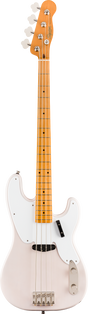 The image shows a white/cream Fender-style electric bass guitar, likely a Squier Precision or Jazz model. It features a glossy offset body, maple neck and fretboard, chrome hardware, and four tuning pegs with white keys. The bass has a split-coil pickup, control knobs, a standard four-string bridge, and dot position markers on the fretted neck. The clean design suits beginners and experienced players alike.