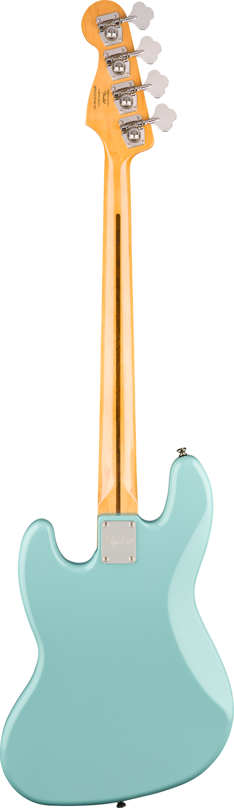 The image shows the back of a light blue or seafoam green electric bass guitar with a glossy finish. It has a natural maple neck and a bolt-on design secured by a rectangular metal neck plate. The headstock features four open-gear chrome tuning pegs with white buttons, typical of a 4-string bass. The instrument reflects a modern style inspired by classic Fender designs.