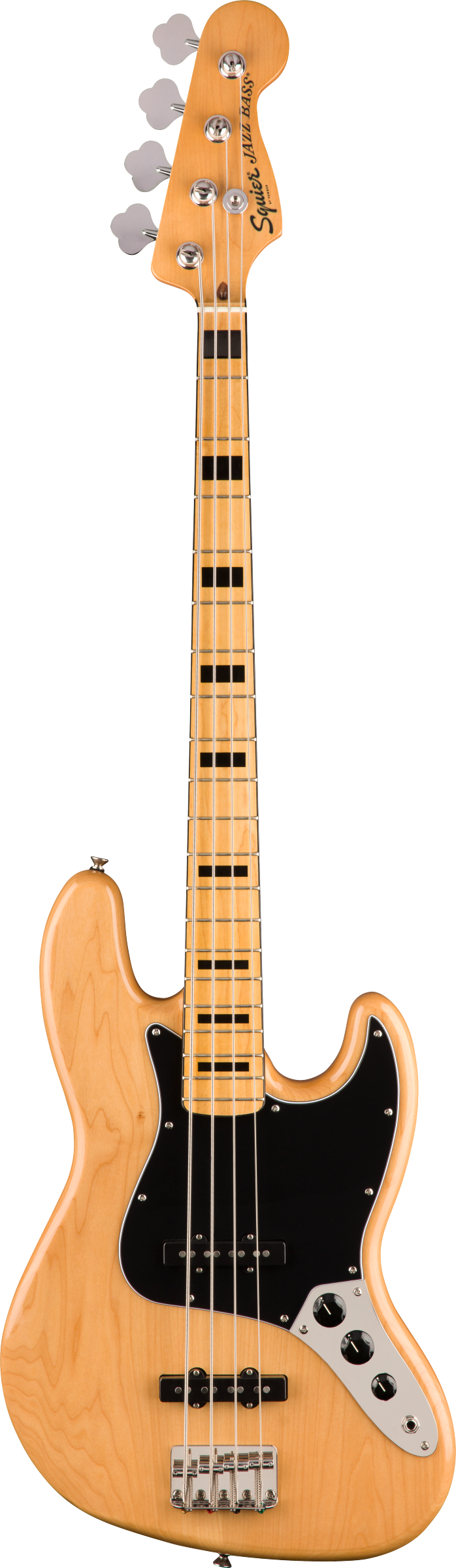 The image shows a Squier Jazz Bass electric guitar with 4 thick strings, a longer neck, and a natural blonde wood finish. It features the classic offset double-cutaway body, black pickguard, chrome tuning machines on one side of the headstock with “Squier” branding, two single-coil pickups, and control knobs for volume and tone. This vintage-style bass is known for its versatile sound and is a quality, affordable Fender design.
