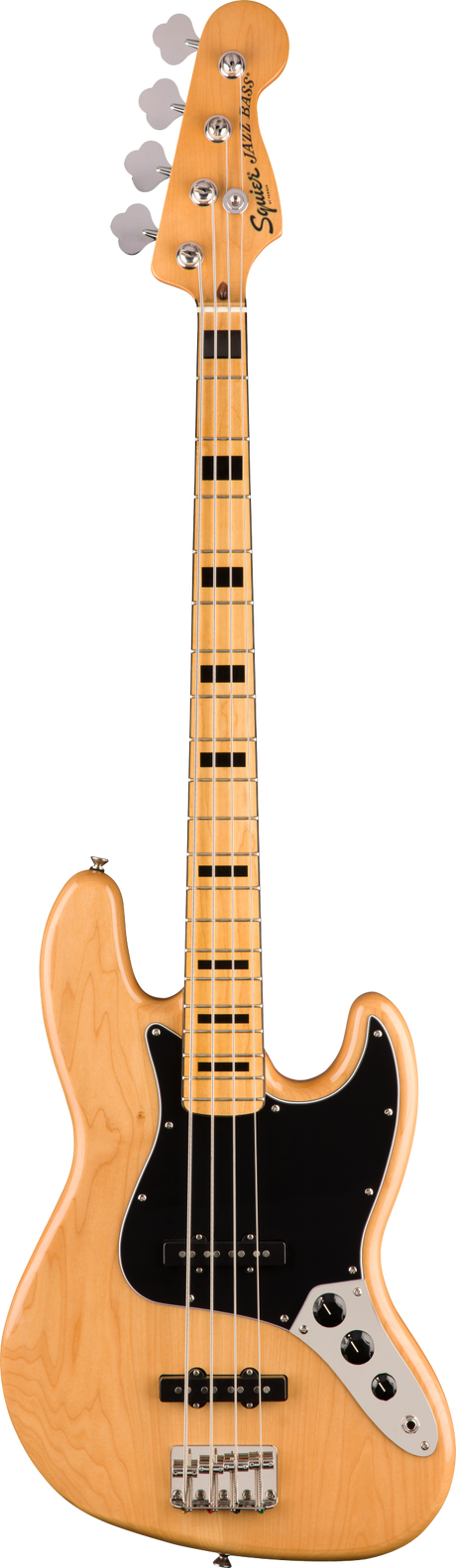 The image shows a Squier Jazz Bass electric guitar with 4 thick strings, a longer neck, and a natural blonde wood finish. It features the classic offset double-cutaway body, black pickguard, chrome tuning machines on one side of the headstock with “Squier” branding, two single-coil pickups, and control knobs for volume and tone. This vintage-style bass is known for its versatile sound and is a quality, affordable Fender design.