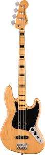 The image shows a Squier Jazz Bass electric guitar with 4 thick strings, a longer neck, and a natural blonde wood finish. It features the classic offset double-cutaway body, black pickguard, chrome tuning machines on one side of the headstock with “Squier” branding, two single-coil pickups, and control knobs for volume and tone. This vintage-style bass is known for its versatile sound and is a quality, affordable Fender design.