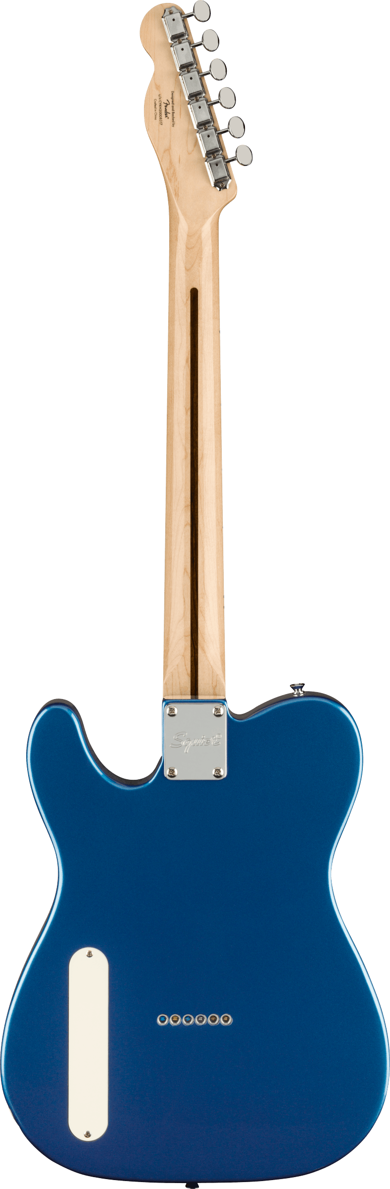 The image shows the back of a Telecaster-style electric guitar with a deep blue glossy body and classic cutaway shape. It features a natural maple neck with six chrome tuning pegs inline on the headstock, a chrome neck plate, and visible bolt-on neck joint. Small screw holes and clean craftsmanship highlight its quality finish, showcasing a classic guitar design popular in many music genres.
