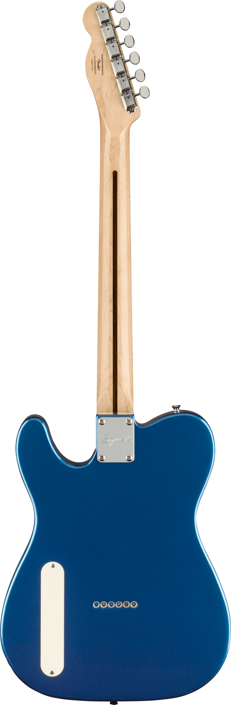 The image shows the back of a Telecaster-style electric guitar with a deep blue glossy body and classic cutaway shape. It features a natural maple neck with six chrome tuning pegs inline on the headstock, a chrome neck plate, and visible bolt-on neck joint. Small screw holes and clean craftsmanship highlight its quality finish, showcasing a classic guitar design popular in many music genres.