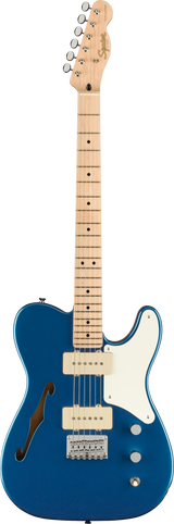 The image shows a Fender Telecaster-style electric guitar with a semi-hollow "Thinline" body in translucent blue, revealing the wood grain. It has a natural maple neck and fretboard with dot inlays, two single-coil (P90-style) pickups, a white pickguard, chrome hardware, and the classic Fender headstock with chrome tuners. This modern model blends classic Telecaster design with semi-hollow construction for versatile tones.