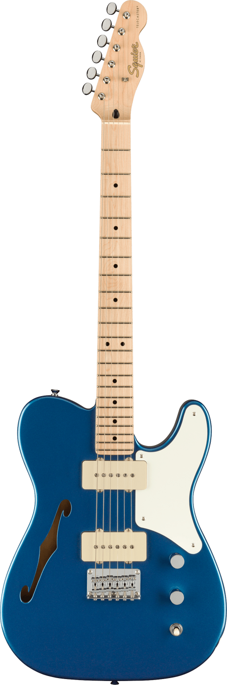 The image shows a Fender Telecaster-style electric guitar with a semi-hollow "Thinline" body in translucent blue, revealing the wood grain. It has a natural maple neck and fretboard with dot inlays, two single-coil (P90-style) pickups, a white pickguard, chrome hardware, and the classic Fender headstock with chrome tuners. This modern model blends classic Telecaster design with semi-hollow construction for versatile tones.