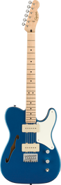The image shows a Fender Telecaster-style electric guitar with a semi-hollow "Thinline" body in translucent blue, revealing the wood grain. It has a natural maple neck and fretboard with dot inlays, two single-coil (P90-style) pickups, a white pickguard, chrome hardware, and the classic Fender headstock with chrome tuners. This modern model blends classic Telecaster design with semi-hollow construction for versatile tones.