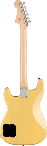 The image shows the back of a Fender Stratocaster-style electric guitar with a natural wood finish. It features a maple bolt-on neck, a classic Fender-shaped headstock with six chrome tuners in a line, a light blonde body with chrome neck plate, and a black cavity cover. The design reflects a vintage or high-quality tribute model with timeless chrome hardware and classic curves.
