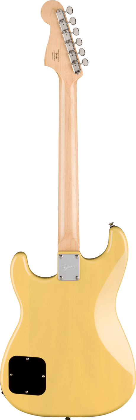 The image shows the back of a Fender Stratocaster-style electric guitar with a natural wood finish. It features a maple bolt-on neck, a classic Fender-shaped headstock with six chrome tuners in a line, a light blonde body with chrome neck plate, and a black cavity cover. The design reflects a vintage or high-quality tribute model with timeless chrome hardware and classic curves.