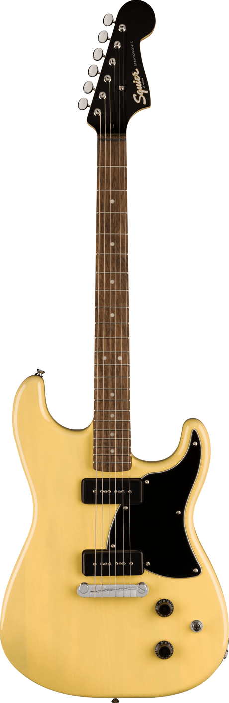 The image shows a Squier electric guitar with a yellow/cream double-cutaway body, black humbucker pickups, chrome hardware, and a black pickguard. It has a black headstock with the Squier logo and six inline tuning pegs, plus a dark wood fretboard with dot inlays. This affordable model, likely from the Contemporary or Modern series, offers solid build quality and high-output pickups suitable for rock, metal, and various styles.