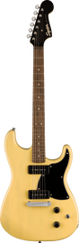 The image shows a Squier electric guitar with a yellow/cream double-cutaway body, black humbucker pickups, chrome hardware, and a black pickguard. It has a black headstock with the Squier logo and six inline tuning pegs, plus a dark wood fretboard with dot inlays. This affordable model, likely from the Contemporary or Modern series, offers solid build quality and high-output pickups suitable for rock, metal, and various styles.