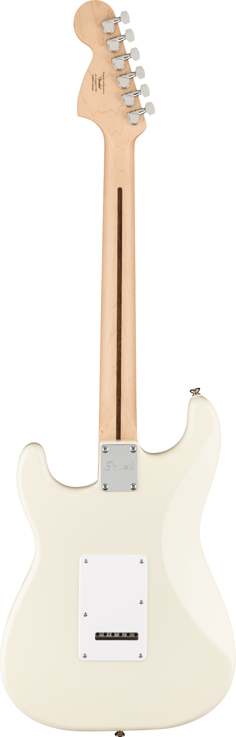 The image shows the back of a cream-colored Fender Stratocaster or similar electric guitar. It features a contoured body, a maple neck with six chrome tuning pegs in a line, and a visible headstock with branding. The back includes a white plastic electronics cover, a chrome neck plate, and a cavity cover for the tremolo system. This classic design remains iconic and widely used in electric guitars today.