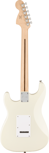 The image shows the back of a cream-colored Fender Stratocaster or similar electric guitar. It features a contoured body, a maple neck with six chrome tuning pegs in a line, and a visible headstock with branding. The back includes a white plastic electronics cover, a chrome neck plate, and a cavity cover for the tremolo system. This classic design remains iconic and widely used in electric guitars today.