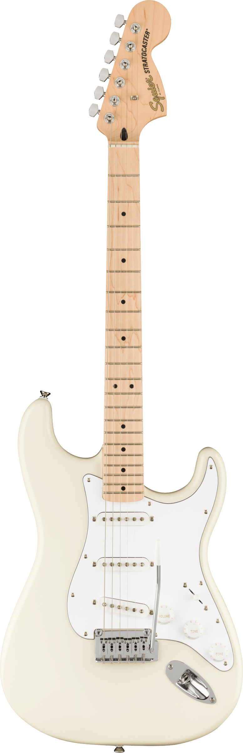 The image shows a Fender Squier Stratocaster electric guitar with a cream/off-white finish. It features the classic double cutaway Strat body, white pickguard, three single-coil pickups, and a tremolo bridge. The maple neck has dot inlays and a typical Strat headstock with "Squier by Fender" branding and six chrome tuning pegs. This affordable model offers the iconic Strat design and tone, ideal for beginners and all skill levels.