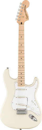 The image shows a Fender Squier Stratocaster electric guitar with a cream/off-white finish. It features the classic double cutaway Strat body, white pickguard, three single-coil pickups, and a tremolo bridge. The maple neck has dot inlays and a typical Strat headstock with "Squier by Fender" branding and six chrome tuning pegs. This affordable model offers the iconic Strat design and tone, ideal for beginners and all skill levels.