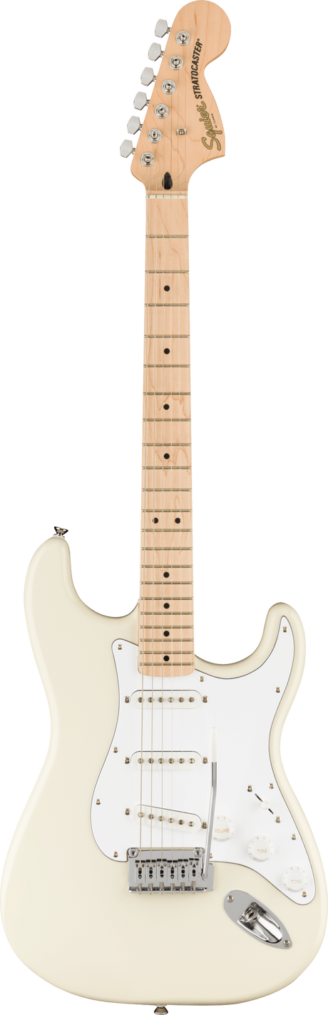 The image shows a Fender Squier Stratocaster electric guitar with a cream/off-white finish. It features the classic double cutaway Strat body, white pickguard, three single-coil pickups, and a tremolo bridge. The maple neck has dot inlays and a typical Strat headstock with "Squier by Fender" branding and six chrome tuning pegs. This affordable model offers the iconic Strat design and tone, ideal for beginners and all skill levels.